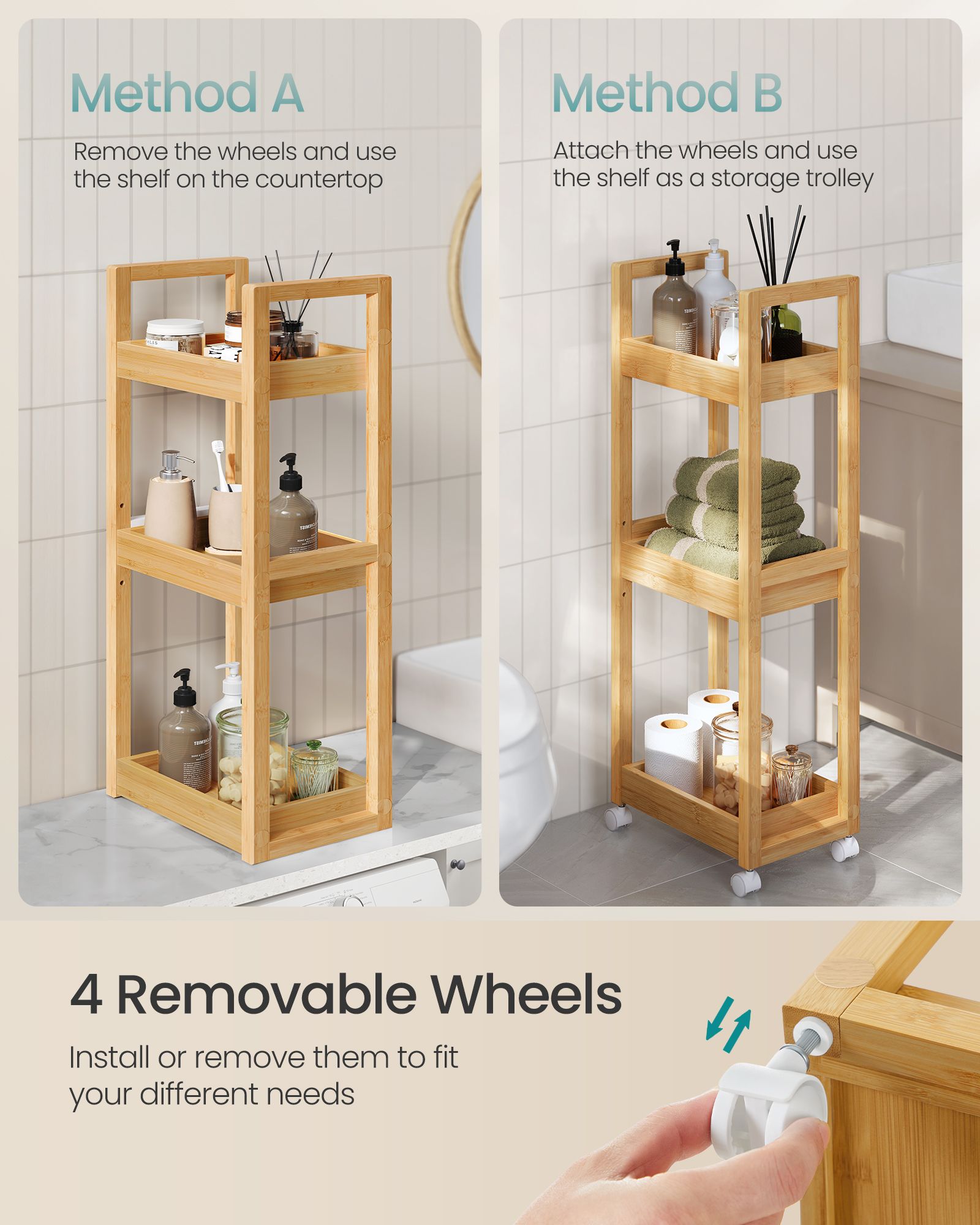3-Tier Bathroom Trolley – Bamboo – Natural – Space-Saving Design with Wheels