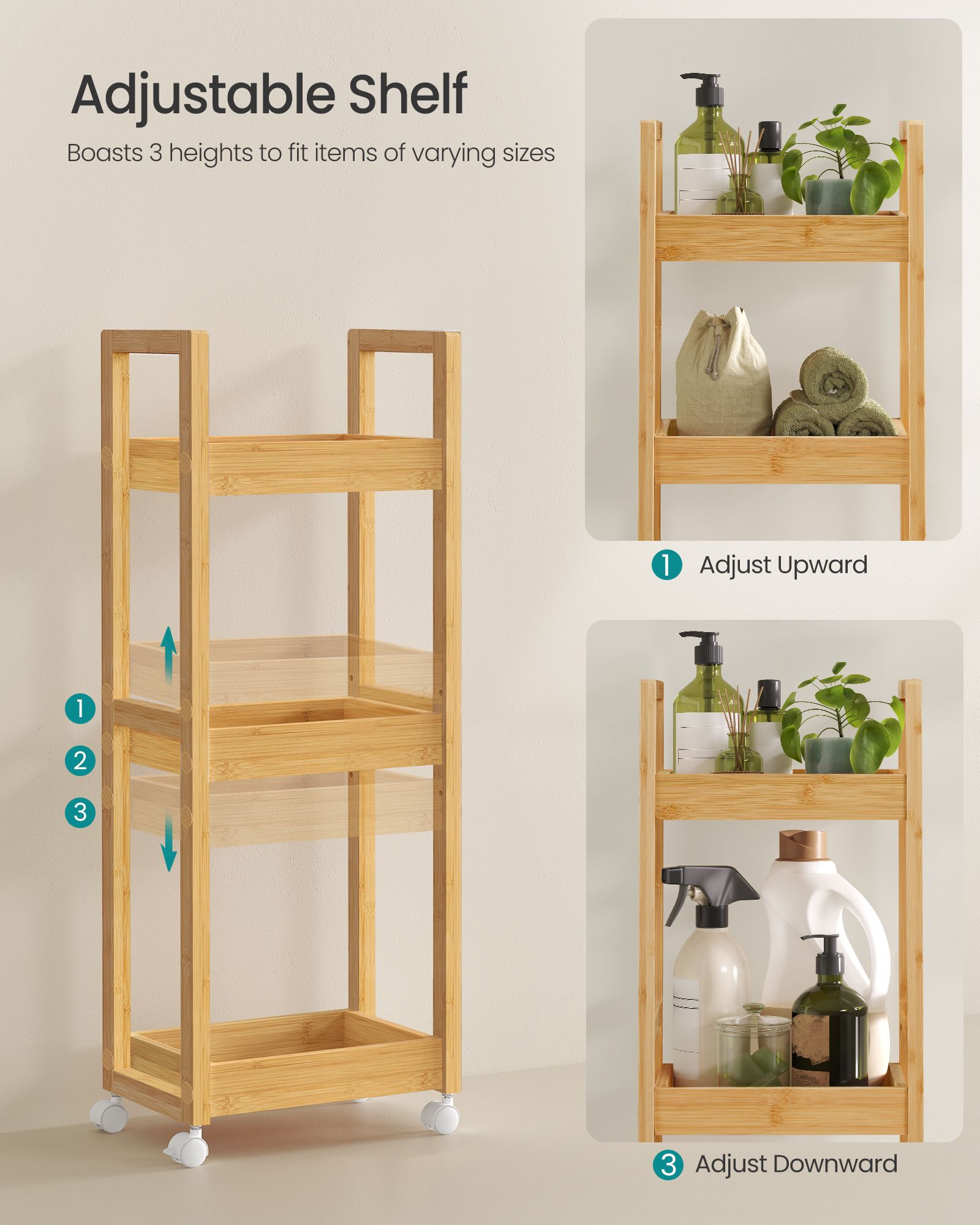 3-Tier Bathroom Trolley – Bamboo – Natural – Space-Saving Design with Wheels