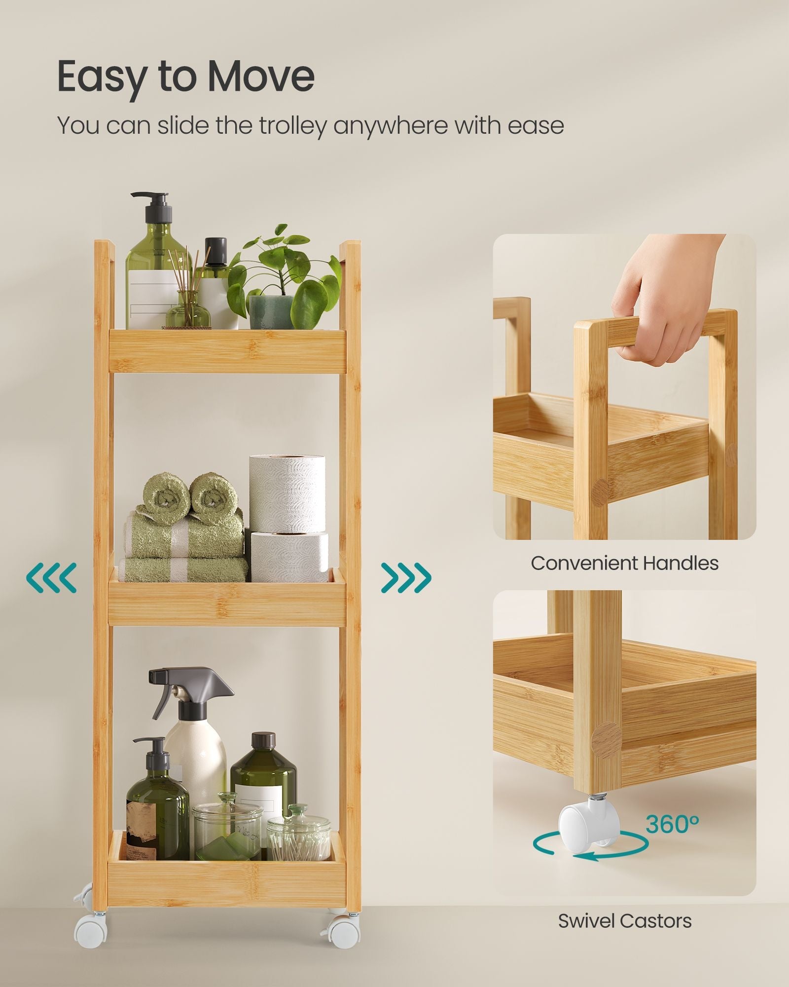 3-Tier Bathroom Trolley – Bamboo – Natural – Space-Saving Design with Wheels