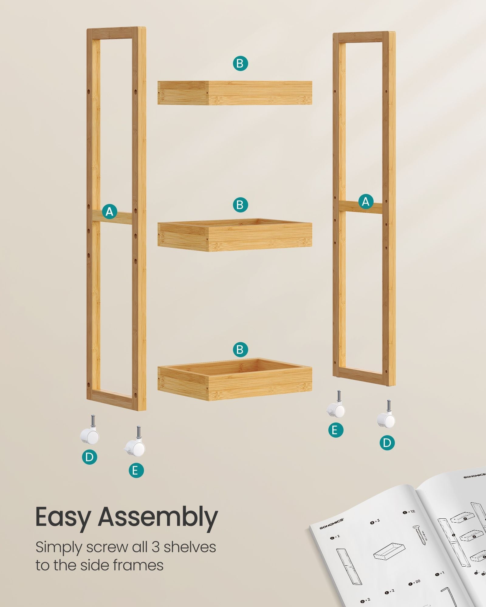 3-Tier Bathroom Trolley – Bamboo – Natural – Space-Saving Design with Wheels
