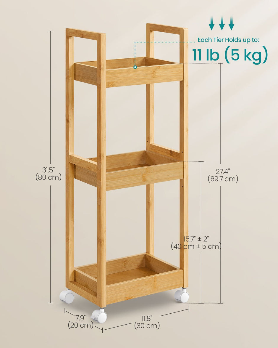 3-Tier Bathroom Trolley – Bamboo – Natural – Space-Saving Design with Wheels