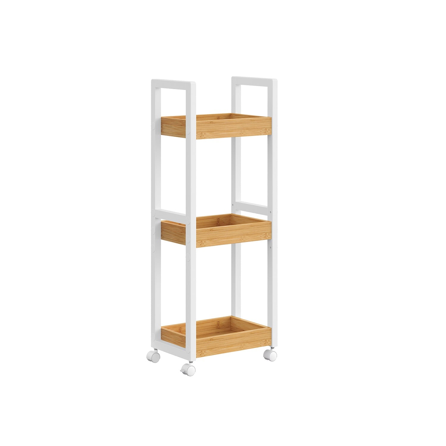 3-Tier Storage Trolley – Bamboo – White and Natural – Space-Saving on Wheels
