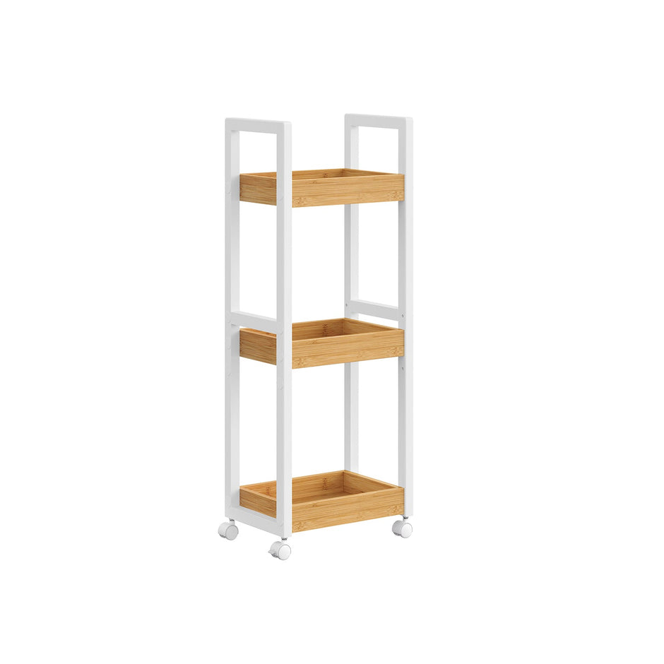 3-Tier Storage Trolley – Bamboo – White and Natural – Space-Saving on Wheels