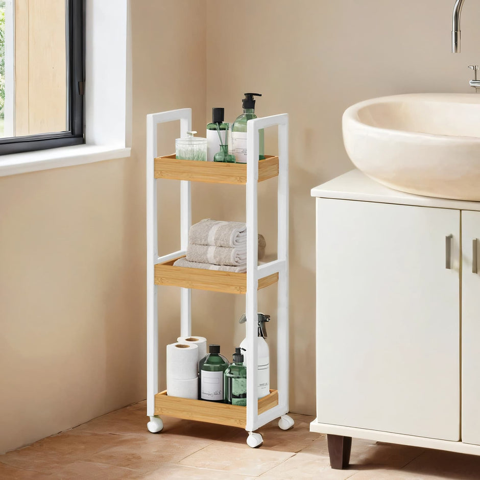Bathroom Trolley – Bamboo – Natural – Space-Saving 3-Tier Design on Wheels