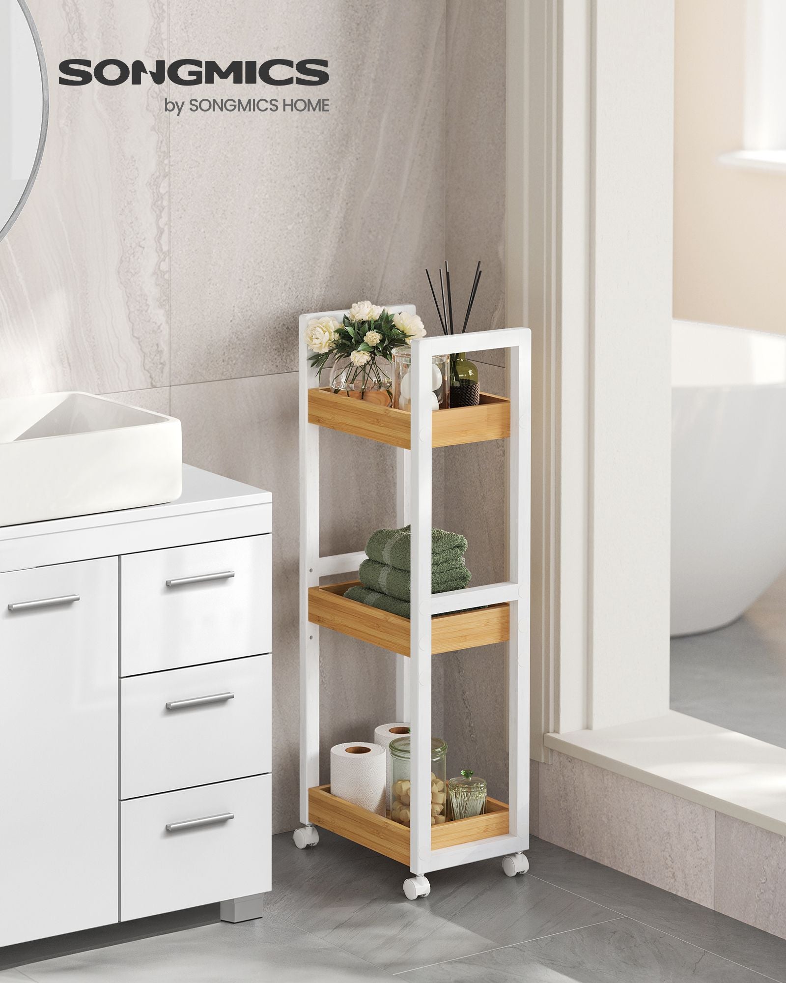 3-Tier Storage Trolley – Bamboo – White and Natural – Space-Saving on Wheels