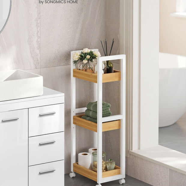 3-Tier Storage Trolley – Bamboo – White and Natural – Space-Saving on Wheels