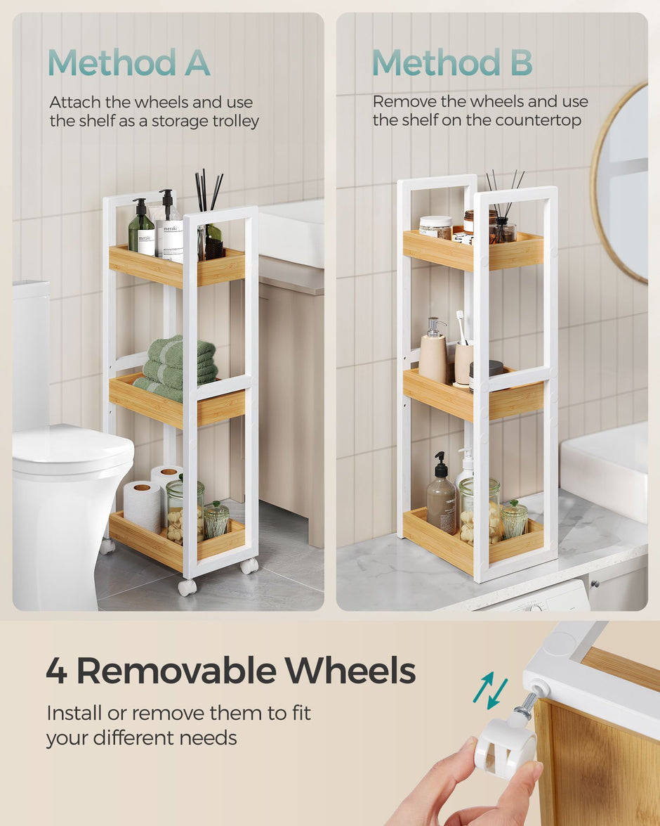 3-Tier Storage Trolley – Bamboo – White and Natural – Space-Saving on Wheels