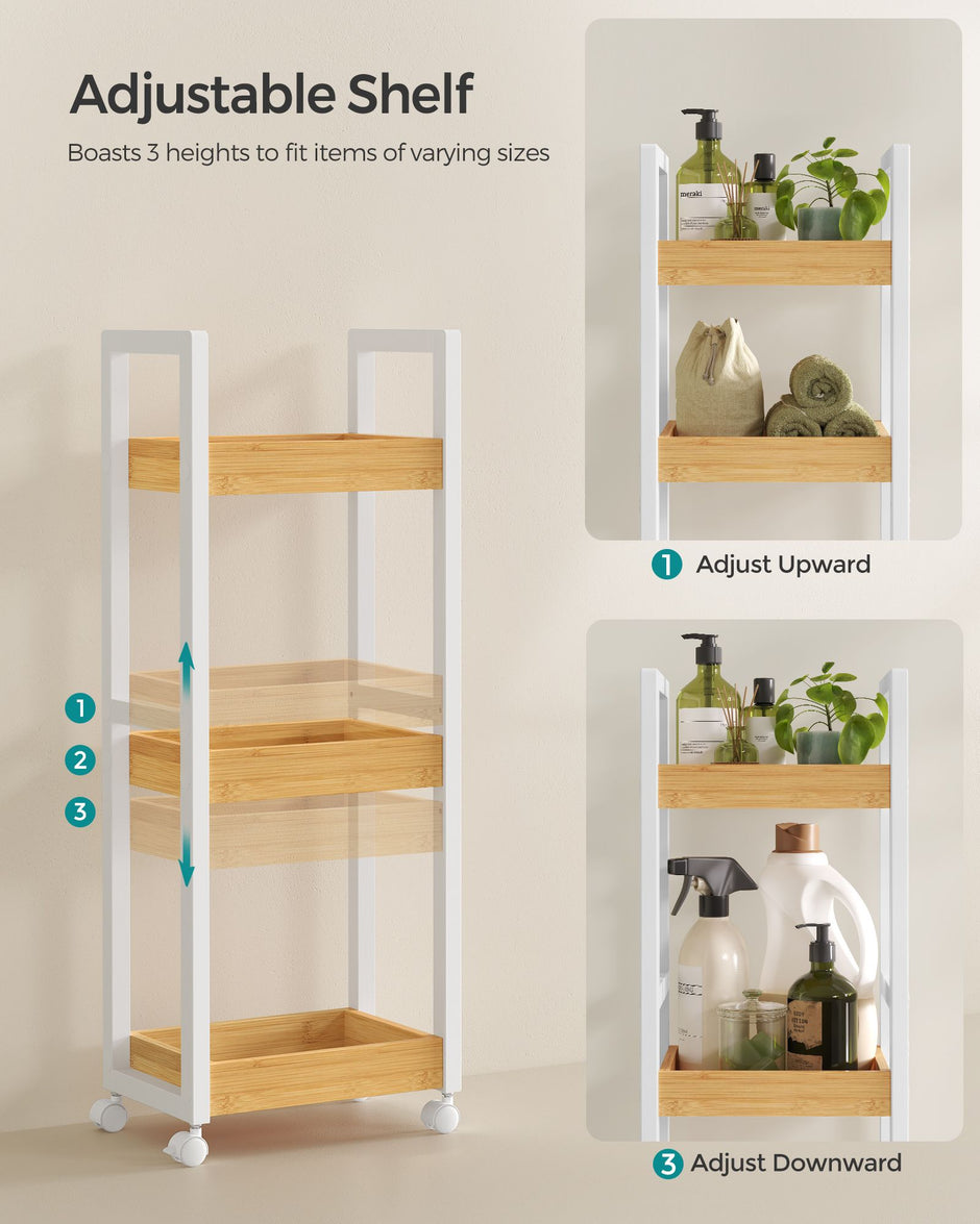 3-Tier Storage Trolley – Bamboo – White and Natural – Space-Saving on Wheels