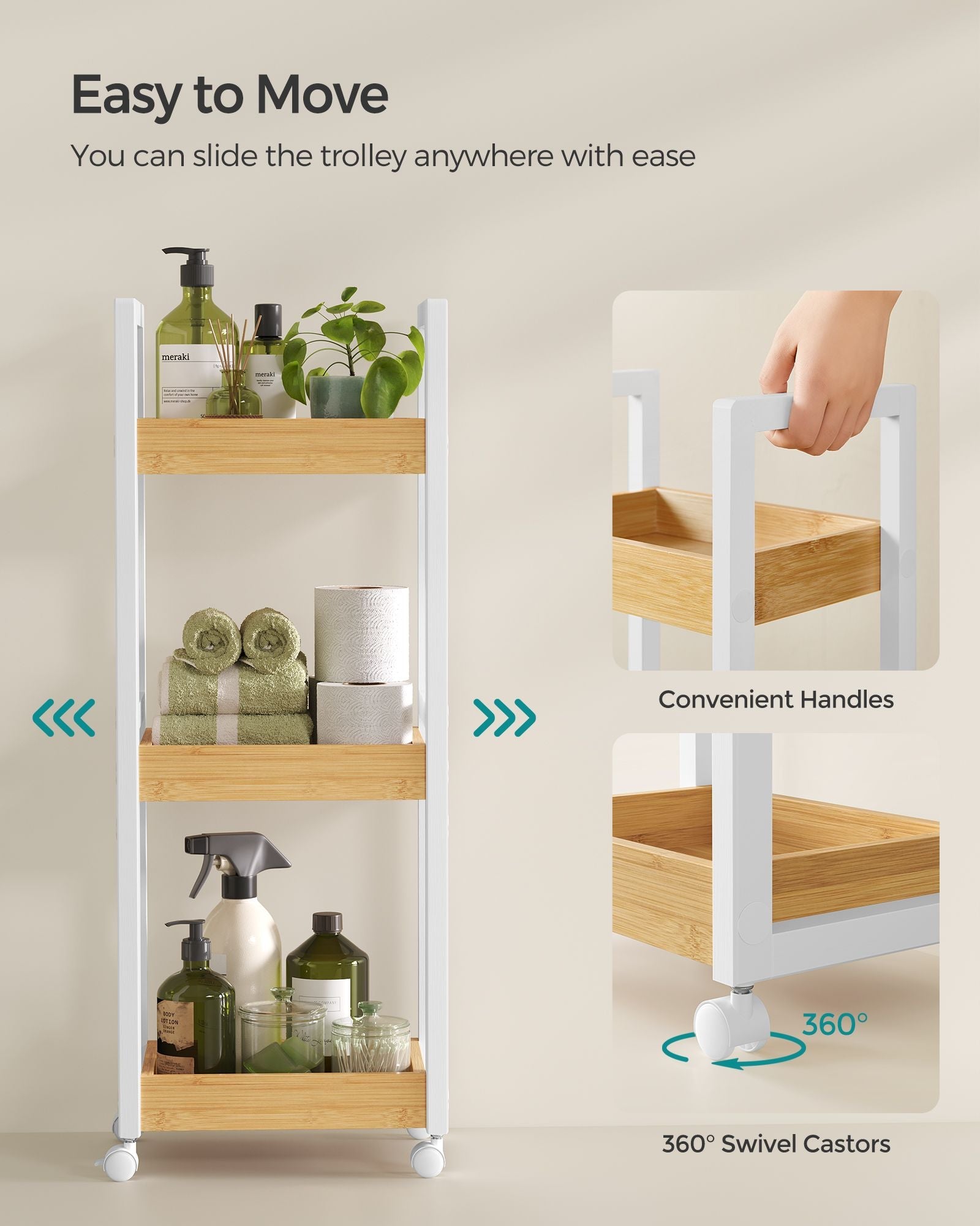 3-Tier Storage Trolley – Bamboo – White and Natural – Space-Saving on Wheels