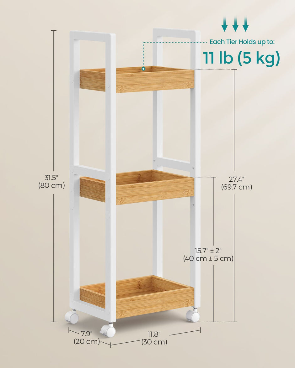 3-Tier Storage Trolley – Bamboo – White and Natural – Space-Saving on Wheels