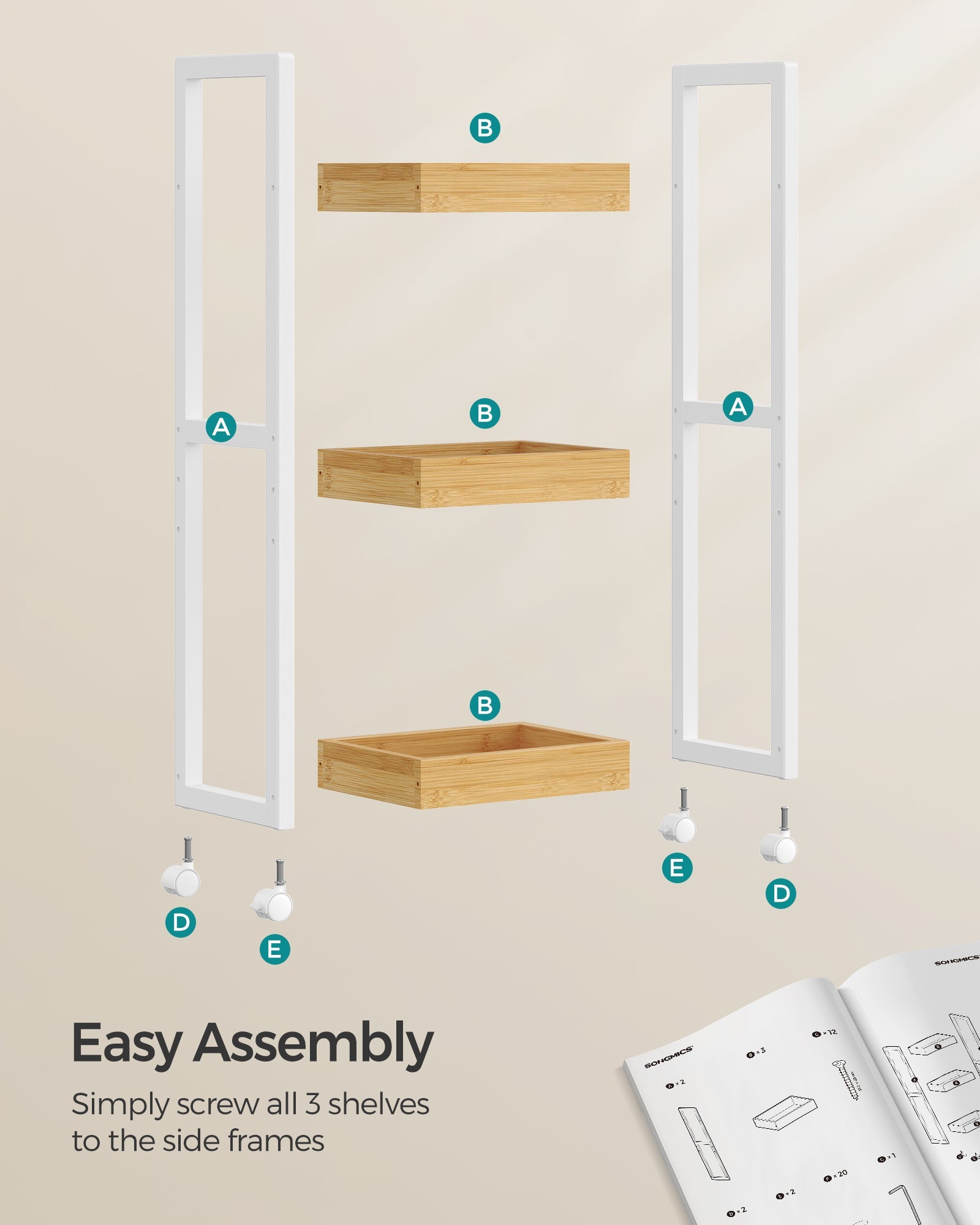 3-Tier Storage Trolley – Bamboo – White and Natural – Space-Saving on Wheels