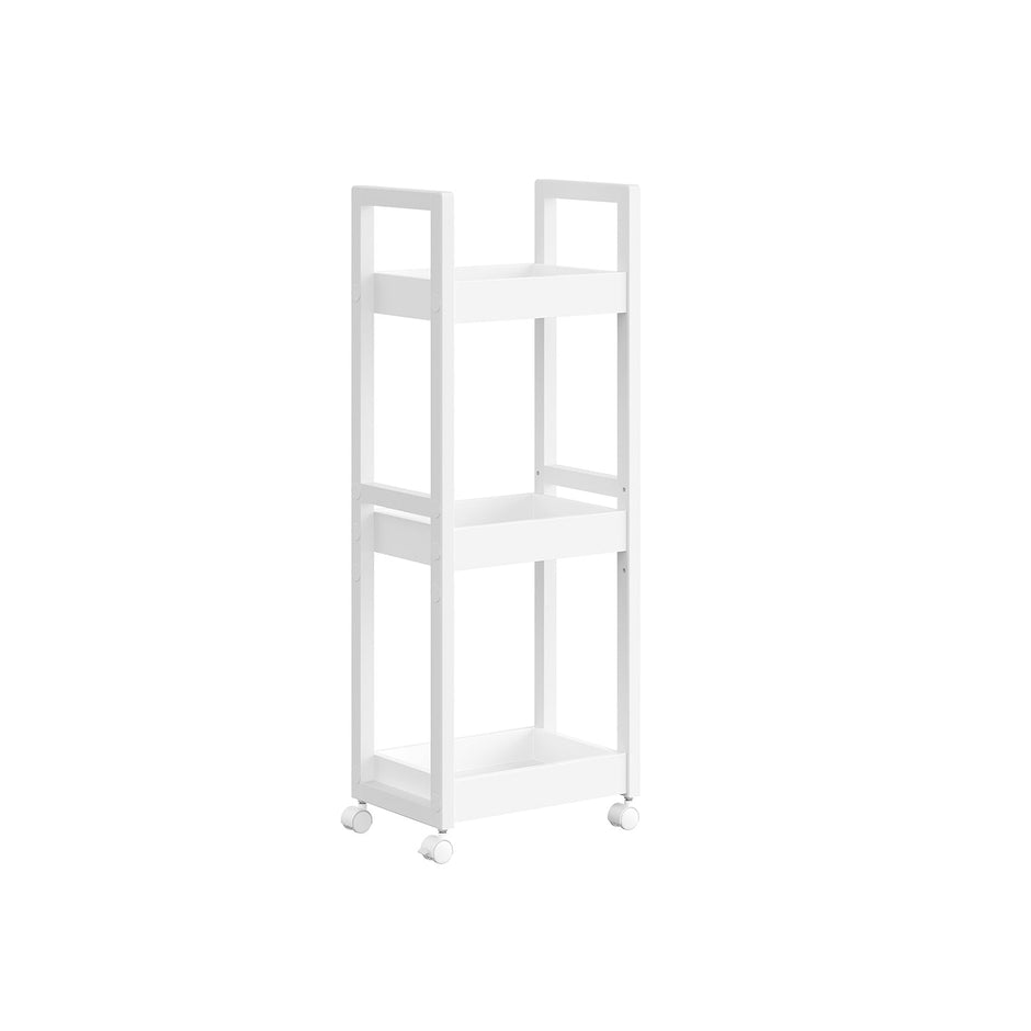 3-Tier Storage Trolley – Bamboo – White – Slim Design with Wheels
