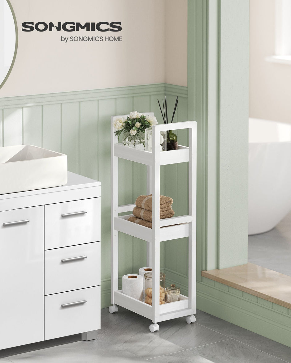 3-Tier Storage Trolley – Bamboo – White – Slim Design with Wheels
