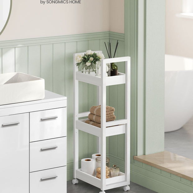 3-Tier Storage Trolley – Bamboo – White – Slim Design with Wheels