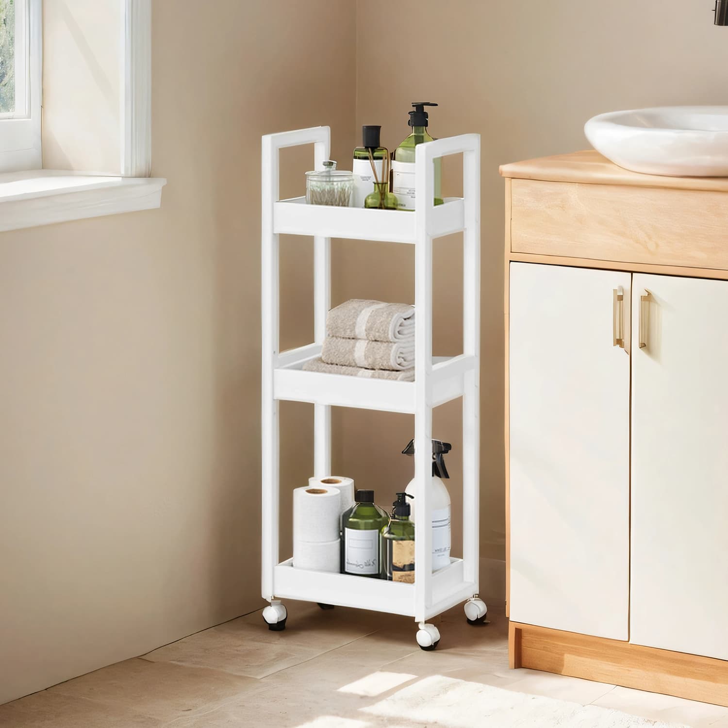 Bathroom Trolley – Bamboo – Natural – Space-Saving 3-Tier Design on Wheels