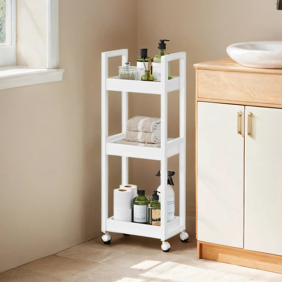 Bathroom Trolley – Bamboo – Natural – Space-Saving 3-Tier Design on Wheels