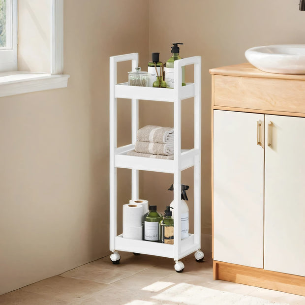 Bathroom Trolley – Bamboo – Natural – Space-Saving 3-Tier Design on Wheels