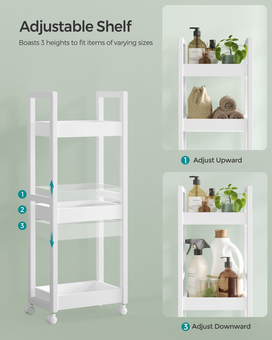 3-Tier Storage Trolley – Bamboo – White – Slim Design with Wheels