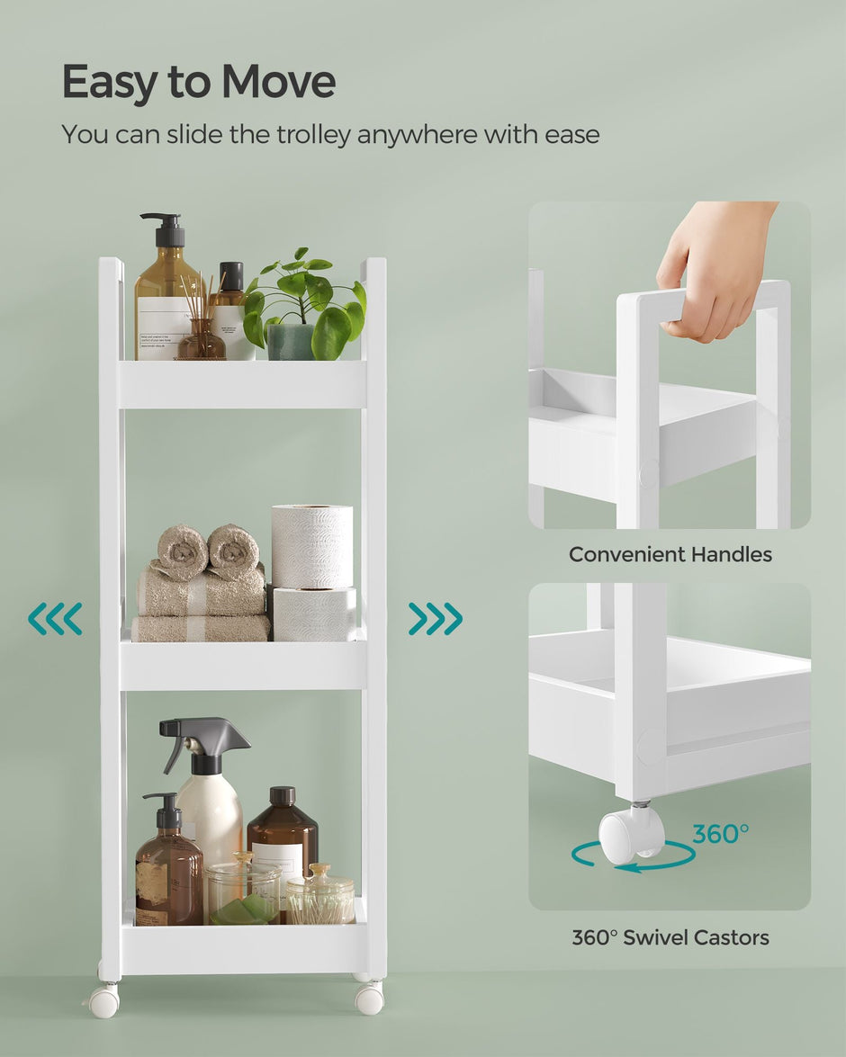 3-Tier Storage Trolley – Bamboo – White – Slim Design with Wheels
