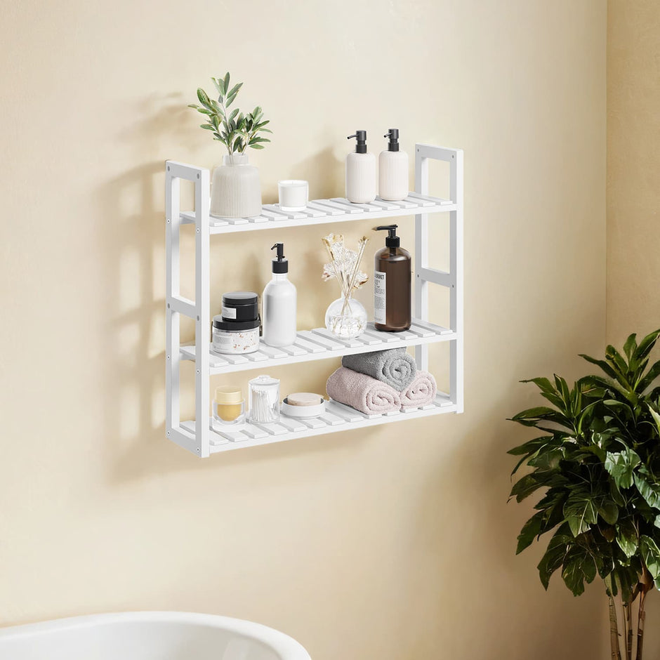 Bamboo Shelving Unit – Bamboo – White – Adjustable 3-Tier Design, Wall-Mounted or Free Standing