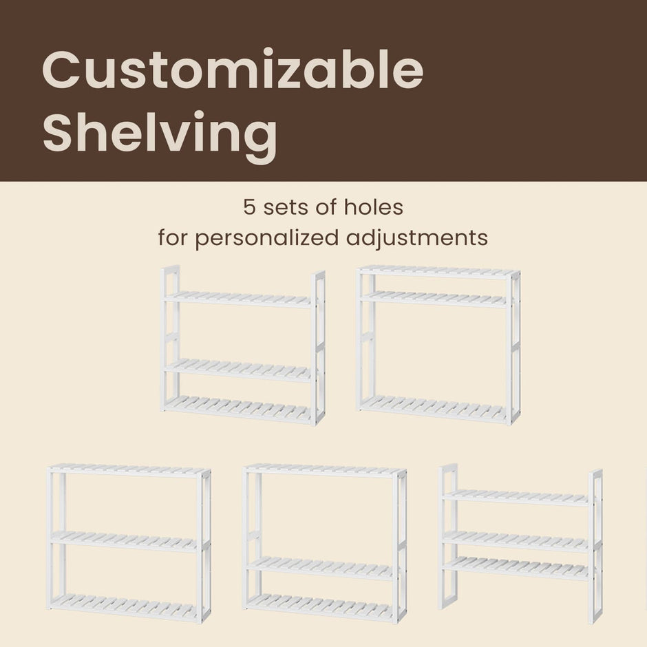 Bamboo Shelving Unit – Bamboo – White – Adjustable 3-Tier Design, Wall-Mounted or Free Standing