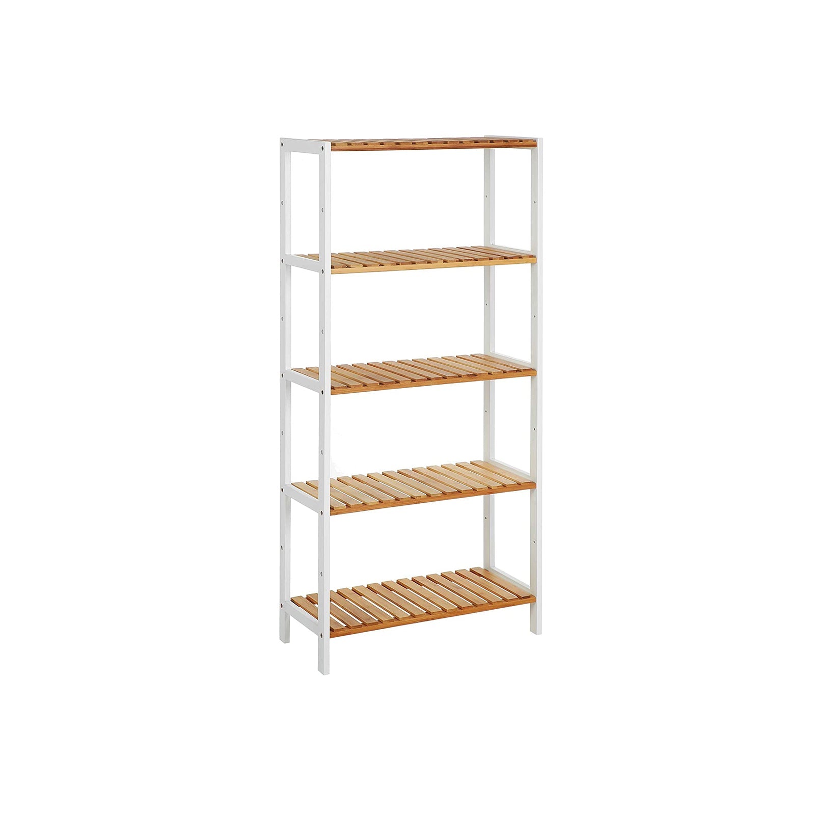 5-Tier Storage Shelf – Bamboo – White and Natural – Adjustable Heights