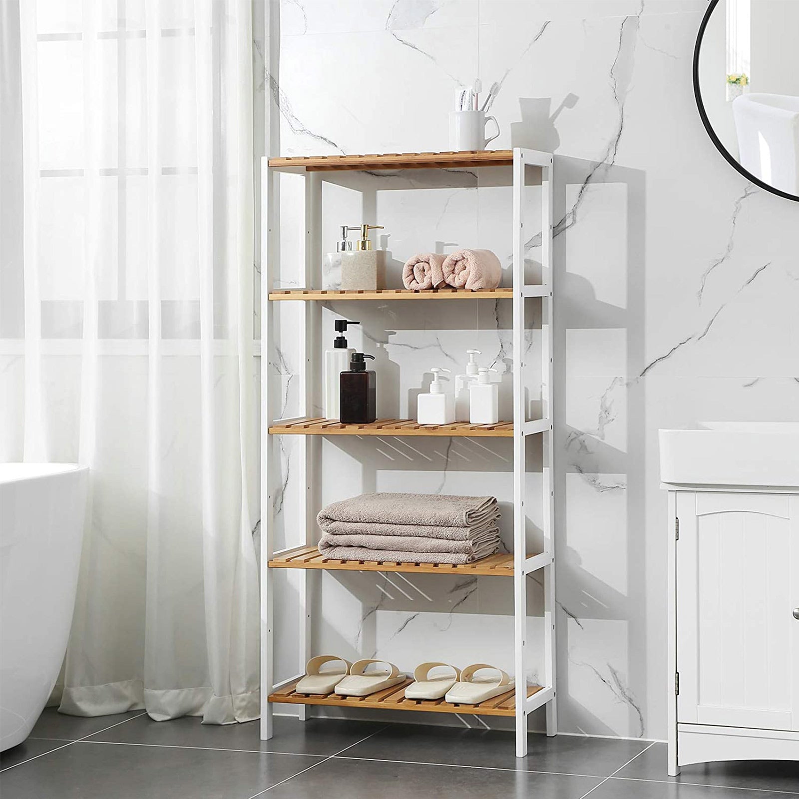 5-Tier Storage Shelf – Bamboo – White and Natural – Adjustable Heights