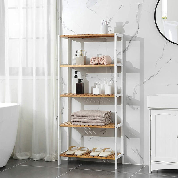 5-Tier Storage Shelf – Bamboo – White and Natural – Adjustable Heights