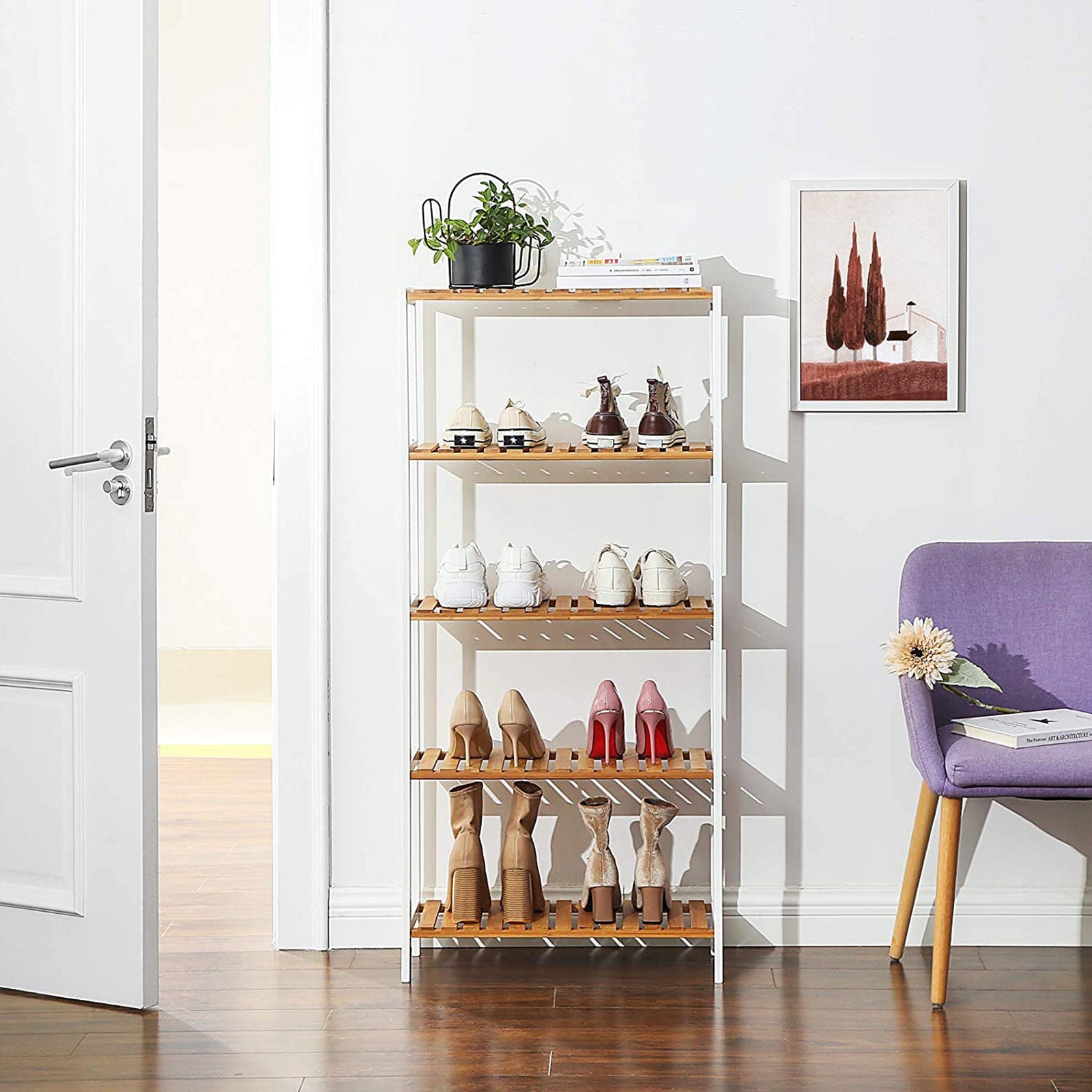 5-Tier Storage Shelf – Bamboo – White and Natural – Adjustable Heights
