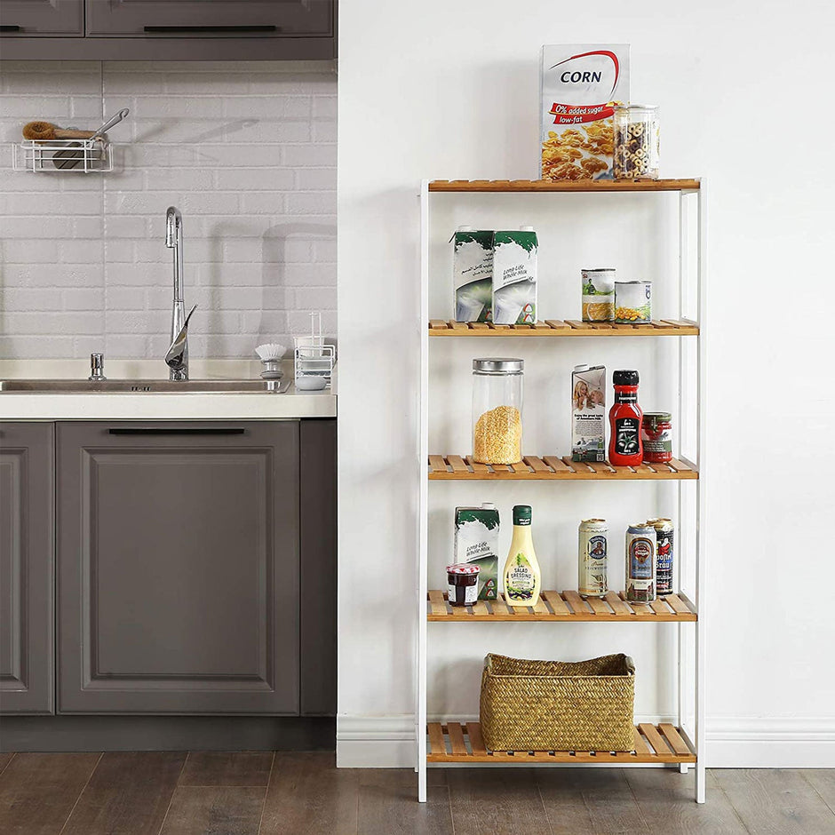 5-Tier Storage Shelf – Bamboo – White and Natural – Adjustable Heights