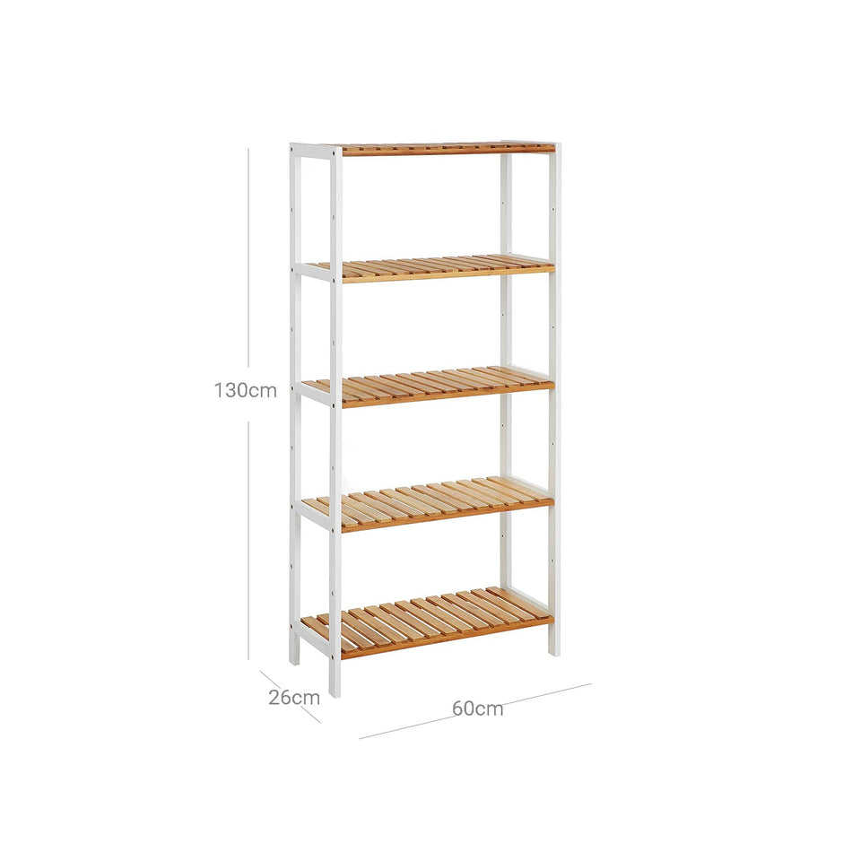 5-Tier Storage Shelf – Bamboo – White and Natural – Adjustable Heights