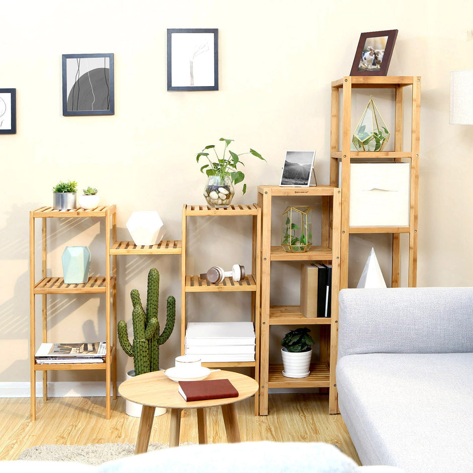 5-Tier Bamboo Shelf – Natural Finish – Versatile Standing Rack for Narrow Spaces