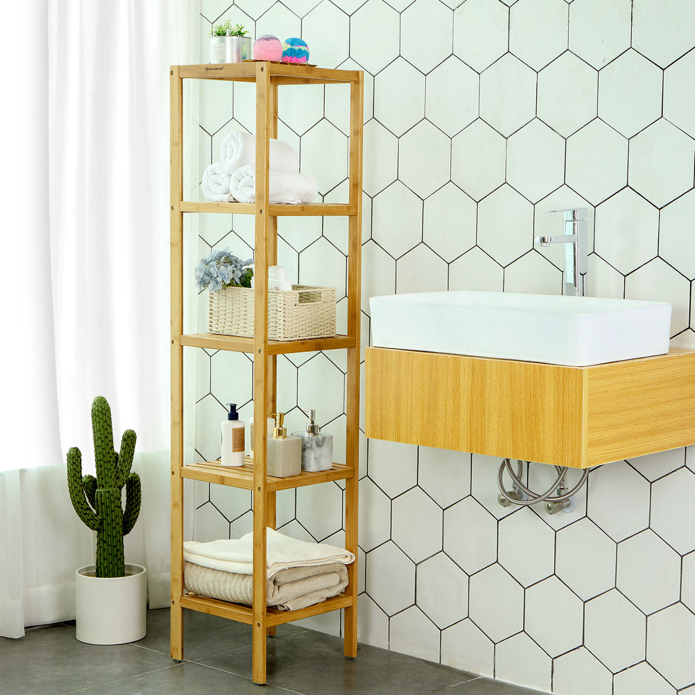 5-Tier Bamboo Shelf – Natural Finish – Versatile Standing Rack for Narrow Spaces