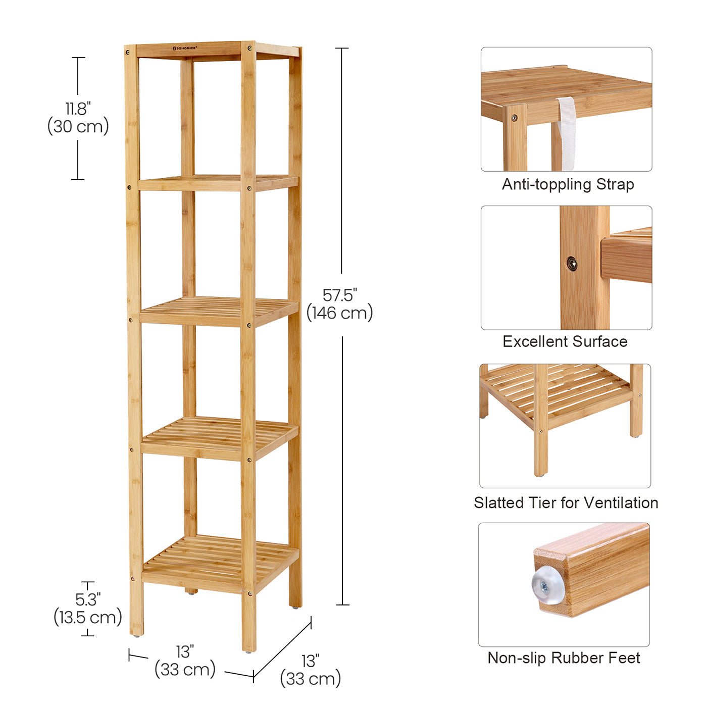 5-Tier Bamboo Shelf – Natural Finish – Versatile Standing Rack for Narrow Spaces