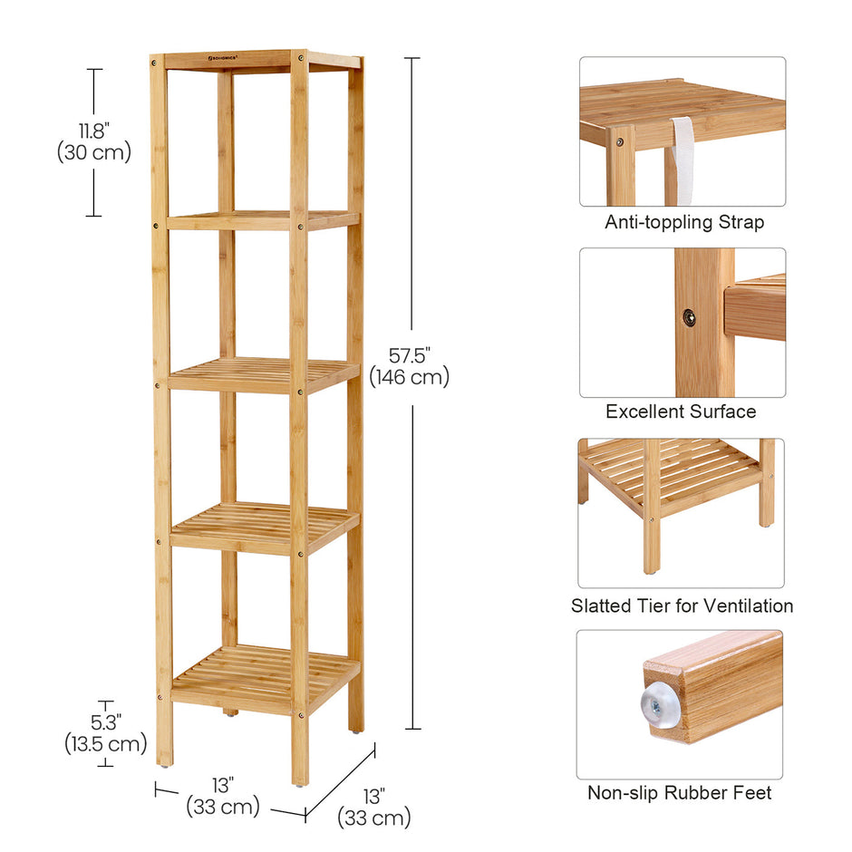 5-Tier Bamboo Shelf – Natural Finish – Versatile Standing Rack for Narrow Spaces
