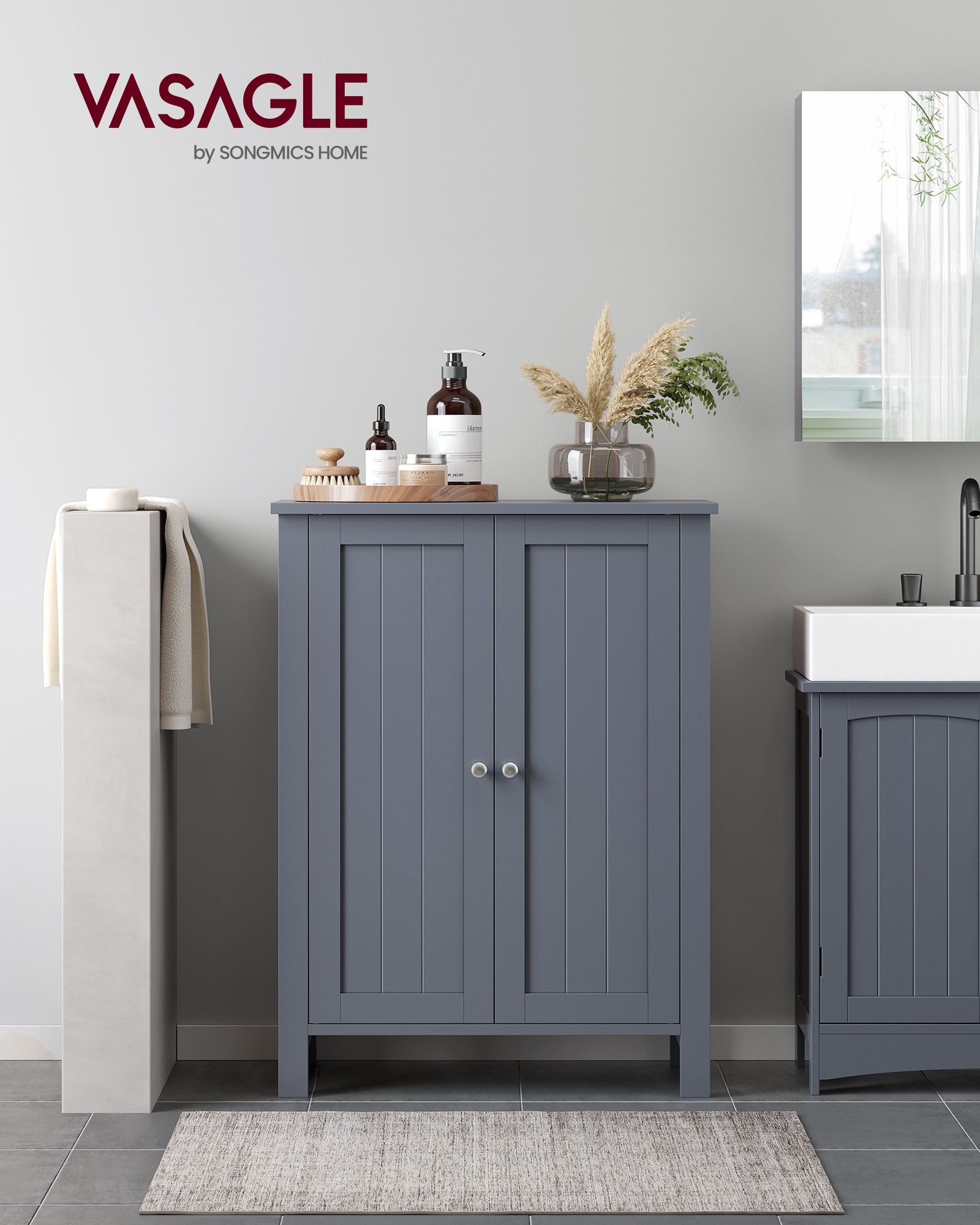 Freestanding Bathroom Cabinet – Wood – Flint Grey – Double Door with Adjustable Shelves
