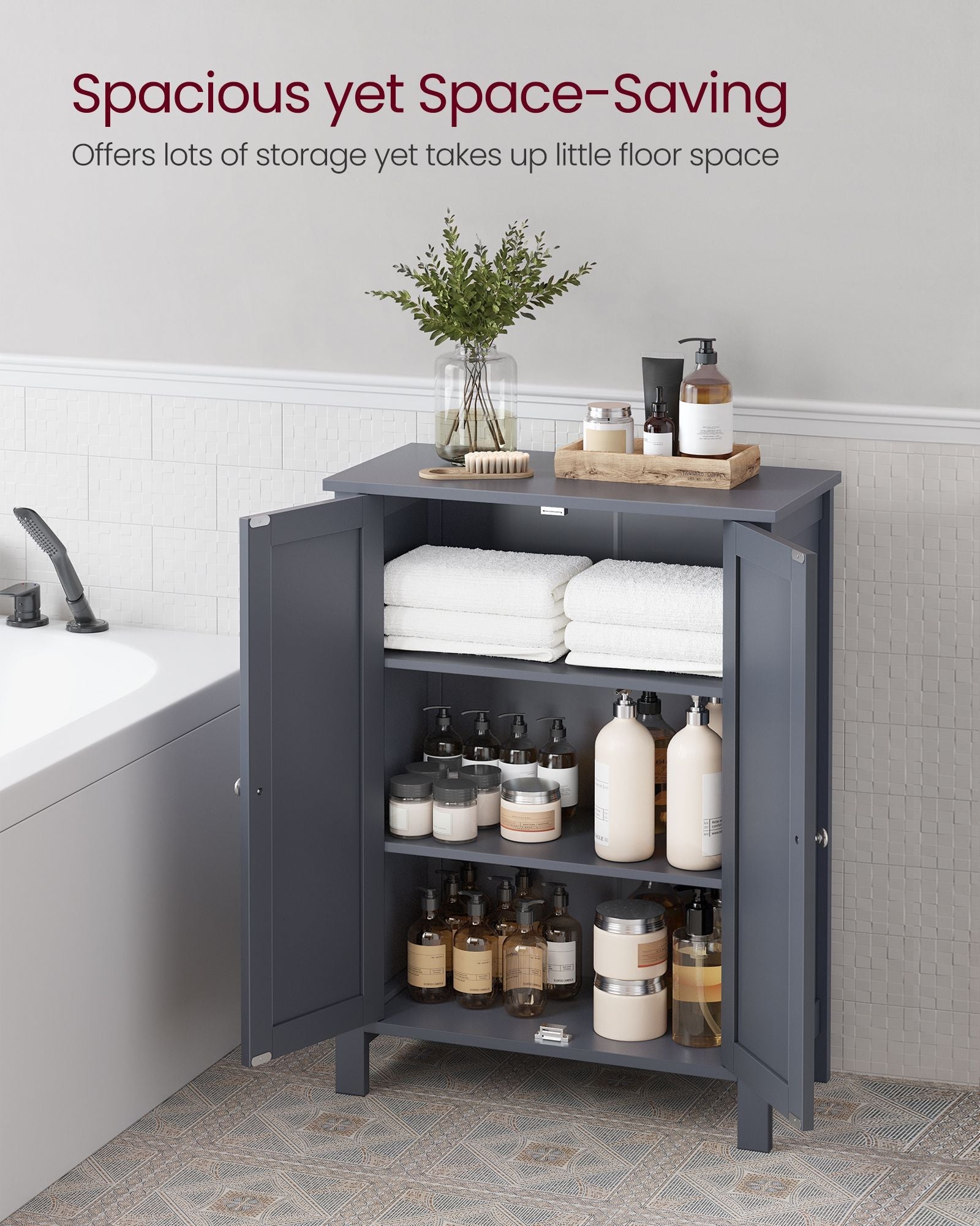 Freestanding Bathroom Cabinet – Wood – Flint Grey – Double Door with Adjustable Shelves