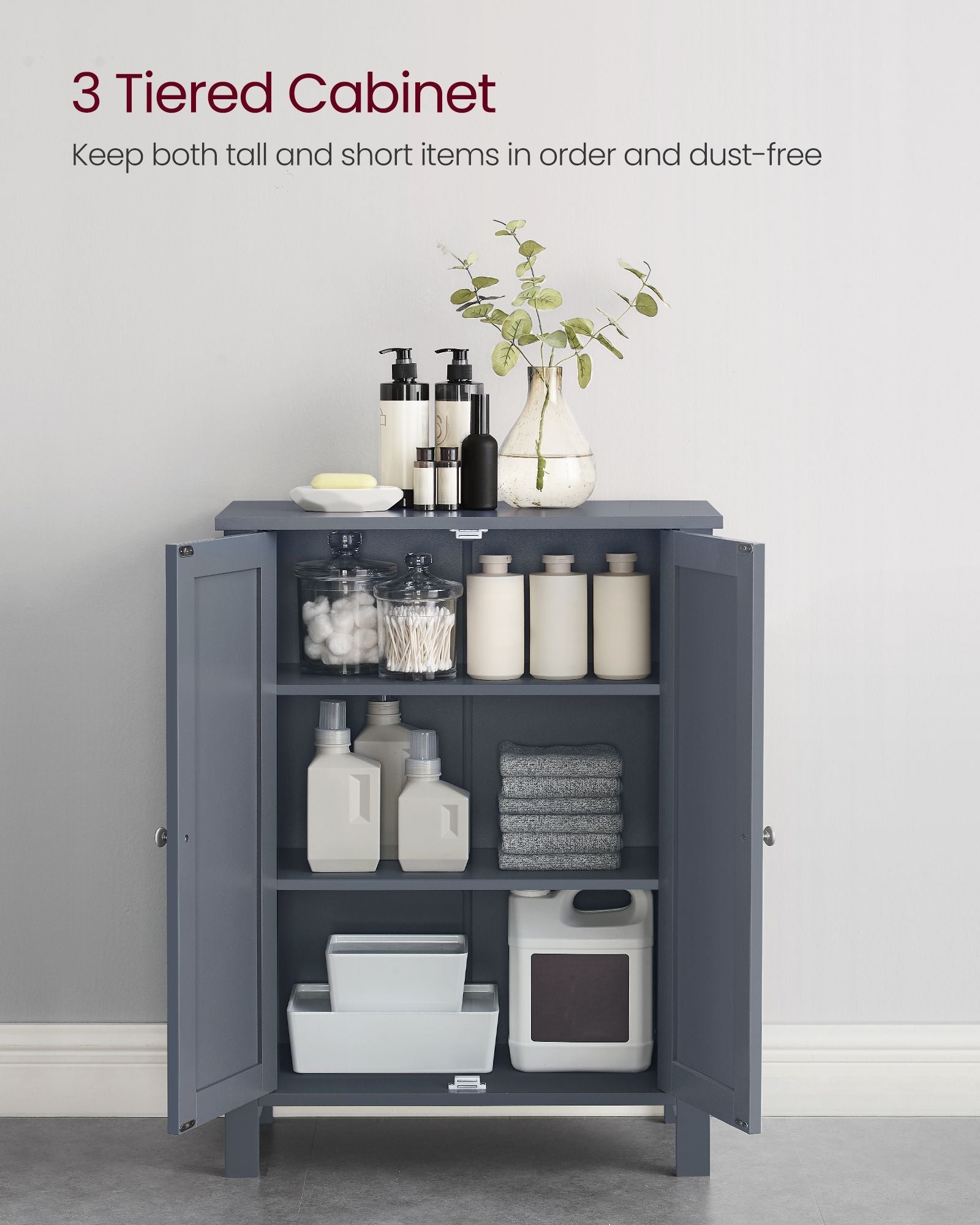 Freestanding Bathroom Cabinet – Wood – Flint Grey – Double Door with Adjustable Shelves