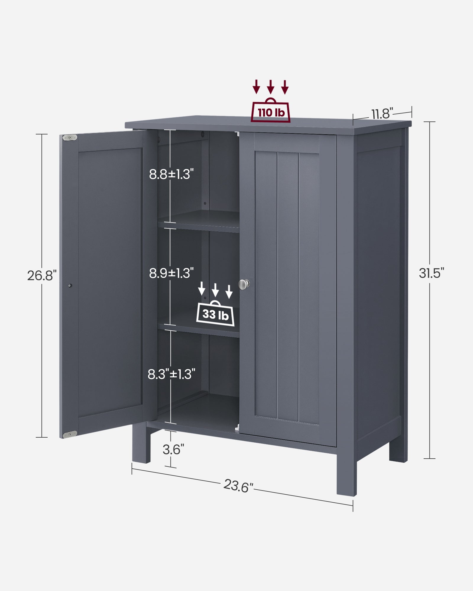Freestanding Bathroom Cabinet – Wood – Flint Grey – Double Door with Adjustable Shelves