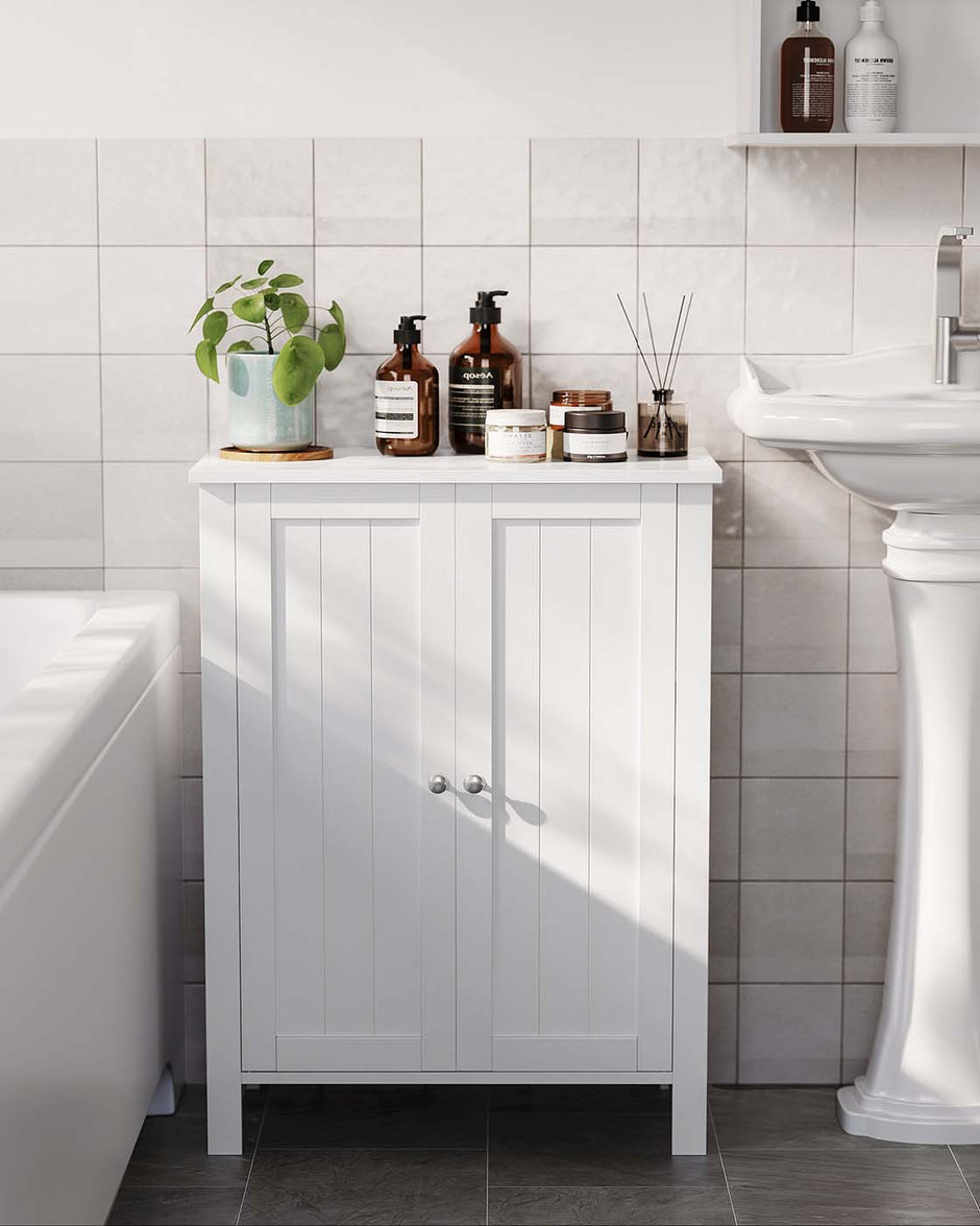 Freestanding Bathroom Cabinet – Wood – White – Double Door with Adjustable Shelves
