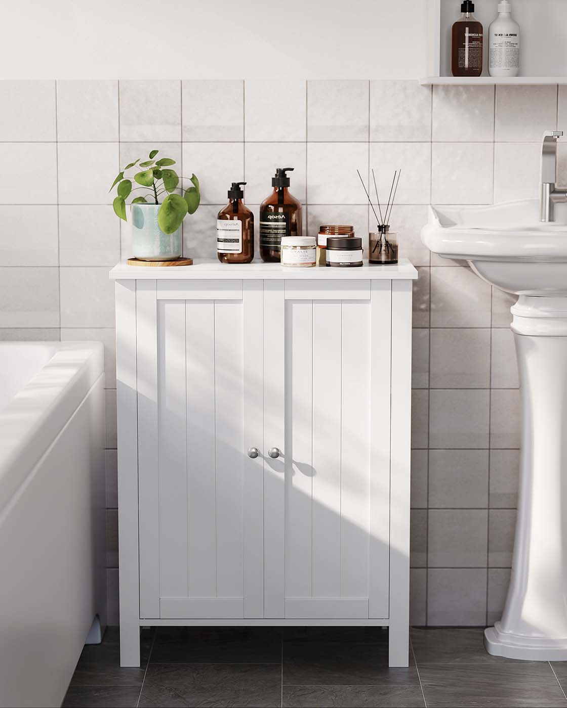 Freestanding Bathroom Storage Cabinet – Wood – White – 2 Adjustable Shelves