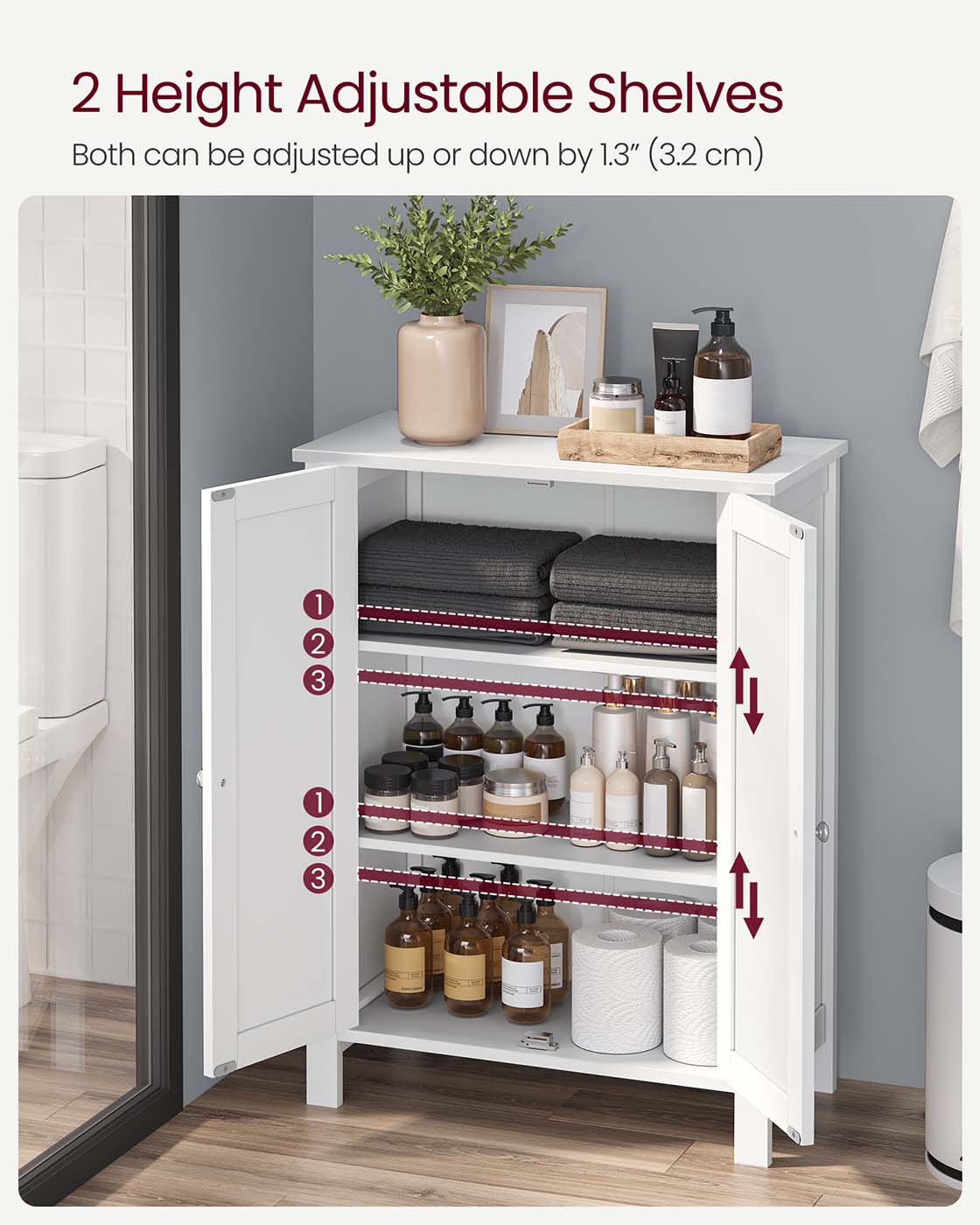 Freestanding Bathroom Storage Cabinet – Wood – White – 2 Adjustable Shelves
