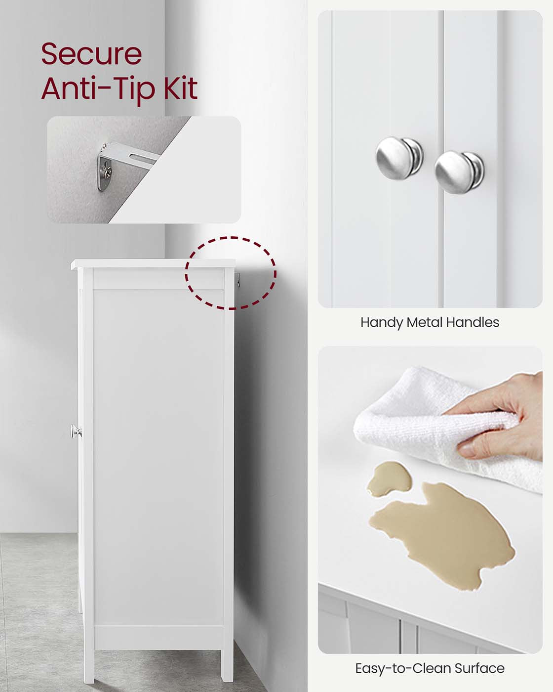 Freestanding Bathroom Cabinet – Wood – White – Double Door with Adjustable Shelves
