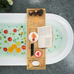 Extendable Bath Shelf – Bamboo – Natural – Includes Drink Holder, Bookend, and Soap Holder