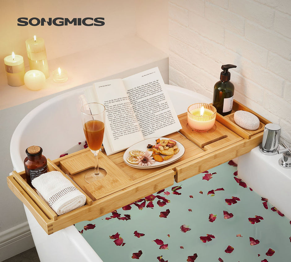 Bamboo Bath Tray – Natural – Luxury Extendable Design with Tablet and Cup Holders