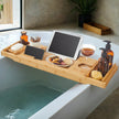 Extendable Bath Shelf – Bamboo – Natural – Includes Drink Holder, Bookend, and Soap Holder