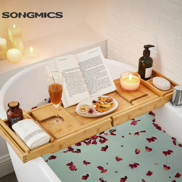 Bamboo Bath Tray – Natural – Luxury Extendable Design with Tablet and Cup Holders