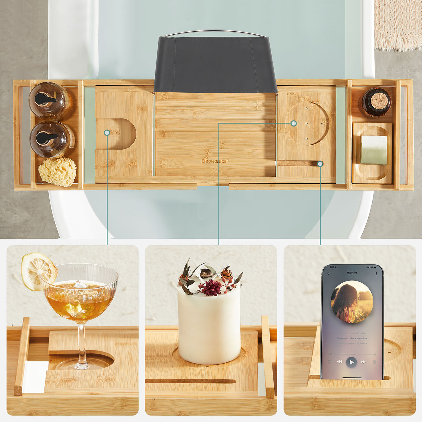 Bamboo Bath Tray – Natural – Luxury Extendable Design with Tablet and Cup Holders
