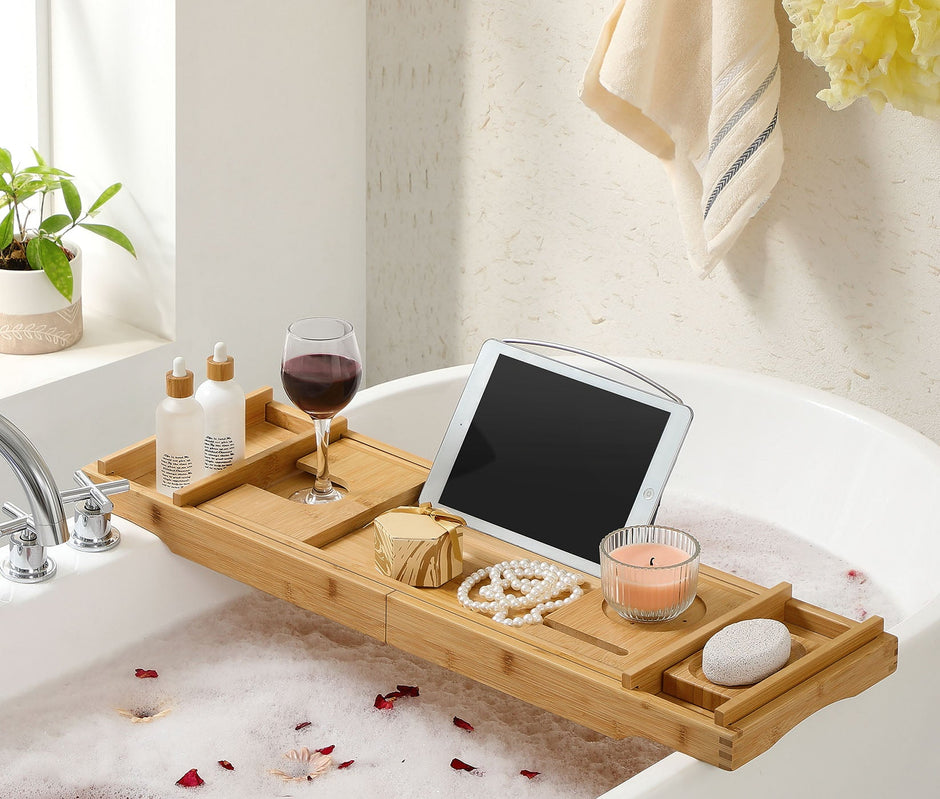 Bamboo Bath Tray – Natural – Luxury Extendable Design with Tablet and Cup Holders