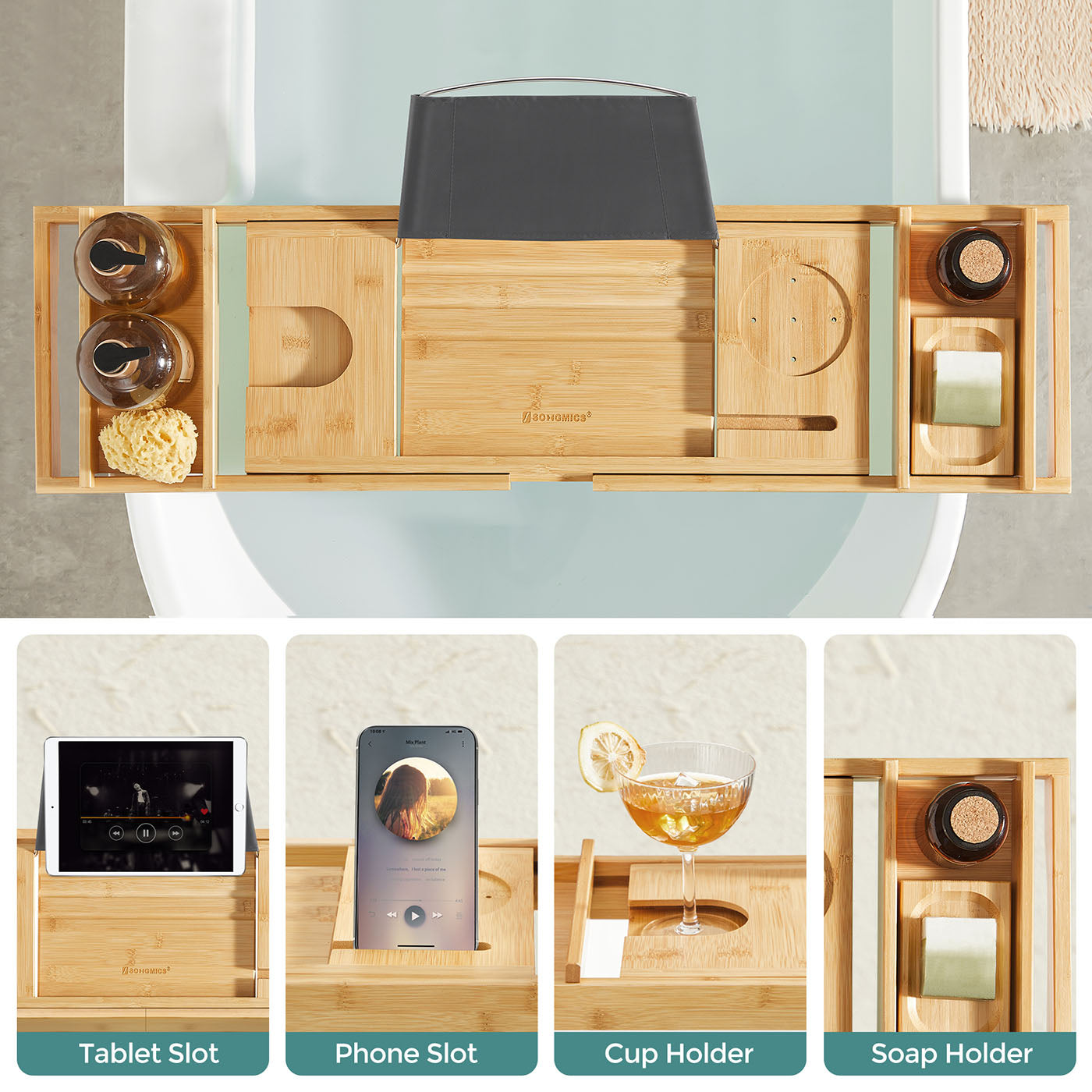 Bamboo Bath Tray – Natural – Luxury Extendable Design with Tablet and Cup Holders